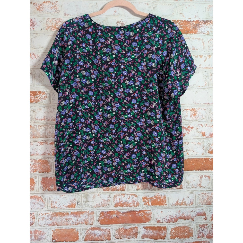 Impressions Floral Blouse Womens Large Navy Blue Short Sleeve Vintage Style